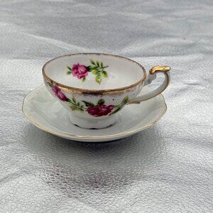 VTG Bone China Teacup Saucer Set‎ Gold Trim Pink Rose Romantic Floral High Tea